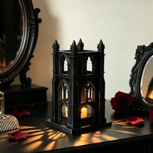 Gothic style candle holder detail showing the intricate black tower design and warm LED glow.