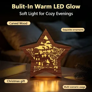 Wooden Christmas star LED night light, hollow carved desktop ornament for cozy holiday decor.