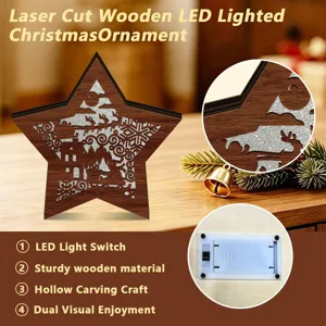 Close-up detail of laser cut wooden LED Christmas star ornament with hollow carved winter scene.