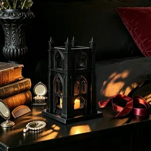 Gothic castle candle holder detail, black resin LED night light tabletop decor for dark room.