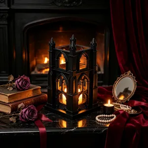 Gothic LED candle holder castle night light for home decor party tabletop ornament black resin.