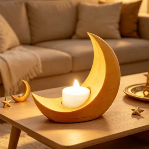 Candelabro de luna de madera con luz LED para decoración de mesa acogedora en el hogar.