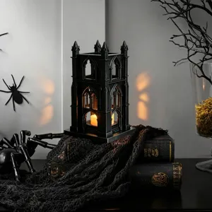 Gothic black castle LED candle holder, spooky Halloween night light tabletop home decoration.