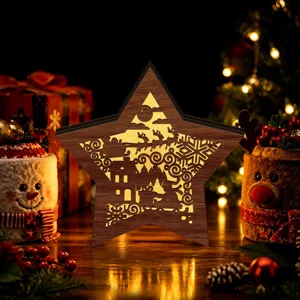 LED glowing wooden Christmas decoration light, hollow star tabletop ornament for holiday decor.