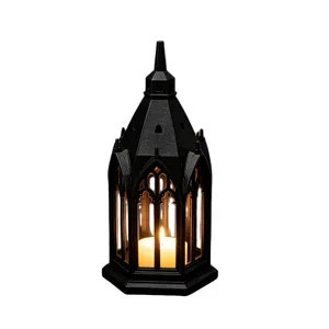 Gothic style black castle LED candle lantern detail shot, perfect for home decor and party lighting.