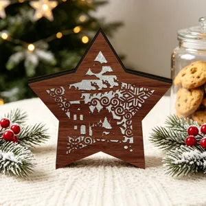 Wooden Christmas star decoration LED lighted holiday desktop ornament with festive silhouette design.