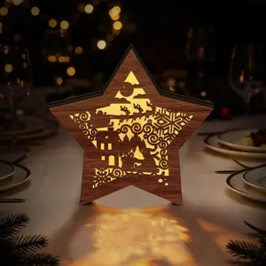 Wooden LED Christmas star ornament, hollow carved desktop festive glowing decor for holidays.