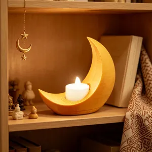 Portavelas LED con forma de luna creciente de madera, adorno decorativo de escritorio para hogar