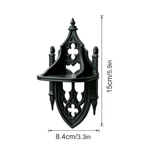 Detailansicht des schwarzen Wandregals im gotischen Stil, mit genauen Maßen für Höhe und Breite.