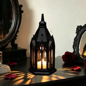 Gothic style black church tower LED candle lantern, perfect for party decor and night light.