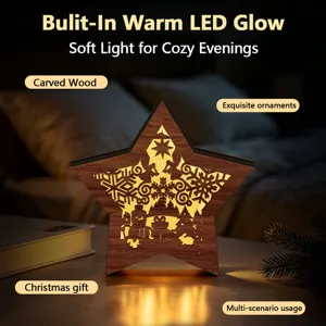 Detailed shot of carved wooden star LED night light, cozy holiday room decor ornament.