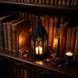 Gothic tower LED candle lantern for dark academia decor, vintage tabletop night light ornament.