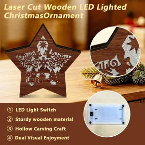Detail view of laser cut wooden LED Christmas star ornament with hollow carved winter scene.