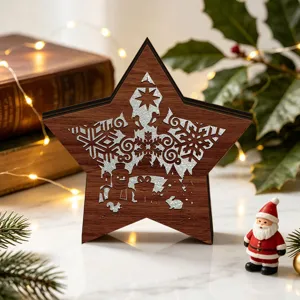 LED wooden Christmas star tabletop ornament with hollow snowflake design for holiday decor
