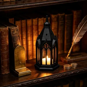 Gothic LED Candle Lantern Vintage Black Church Tabletop Night Light Decor 3D Ornament