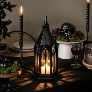 Gothic LED candle lantern detail shot, atmospheric holiday party decor night light accent.