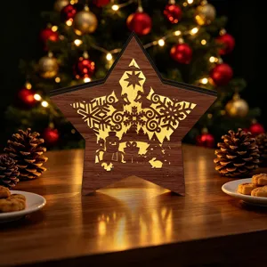 Wooden LED Christmas star ornament, hollow glowing desktop decoration for holiday party.