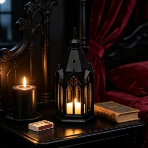 Gothic LED candle light ornament detailed shot, dark castle shape night light for party decor.