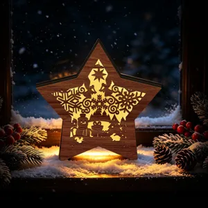 LED wooden Christmas star light ornament tabletop decoration detailed view holiday home decor