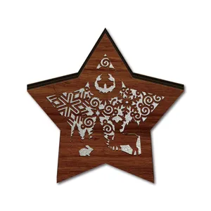 Wooden star ornament detail showing intricate forest, deer, and snowflake hollow laser cut.
