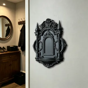 Schwarzes Wandregal Detail im Gothic-Stil, verzierte Burg-Skulptur Heimdeko Wandbehang
