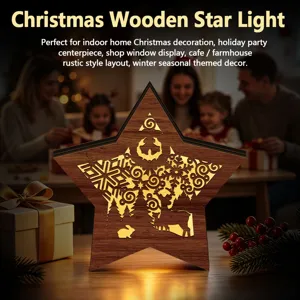 Christmas wooden star light, LED hollow carved ornament for holiday party home indoor decor.