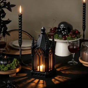 Gothic LED Candle Lantern Black Hollow Desktop Night Light for Halloween Party Decor.