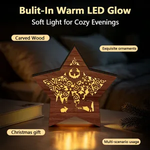 Wooden star LED light ornament for Christmas home decor, warm glow night light decoration.