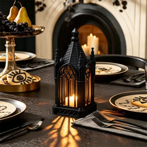 Gothic style LED candle lantern night light black hollow table centerpiece for holiday party decor