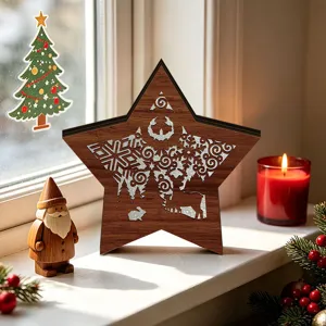 LED glowing wooden Christmas star ornament desktop holiday decor cozy ambient light piece