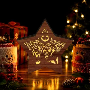 LED wooden Christmas star light hollow tabletop ornament holiday festive home decor glowing