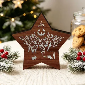 LED glowing wooden Christmas star ornament, hollow cutout desktop decoration for festive holiday party.