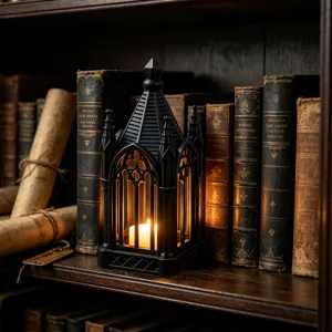 Gothic LED candle lantern detail shot, vintage black hollow night light for party decor.