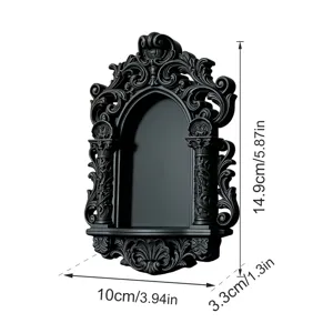 Gotisches schwarzes 3D-Wandregal Detail mit kompakten Maßen und filigranen barocken Vintage Schnitzereien.