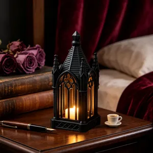 Gothic black castle LED candle lantern detail, vintage table decoration and party night light.