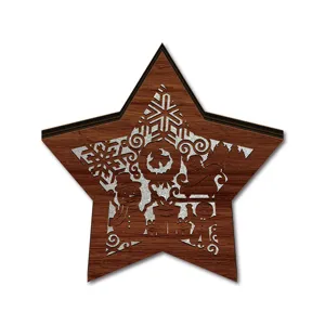 Wooden Christmas star ornament detail with hollow carved snowman and Santa design.