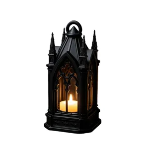 Detailed view of black gothic style architectural LED candle lantern for dark decor.