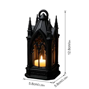 Gothic style LED candle lantern tabletop night light, black castle ornament for home decor