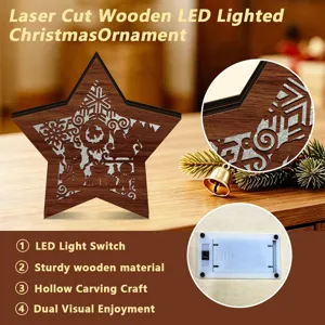 Laser cut wooden LED lighted Christmas ornament with hollow carving for holiday home decor.