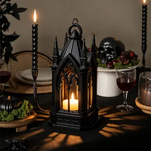 Gothic style black castle lantern LED candle light for Halloween party table decoration.