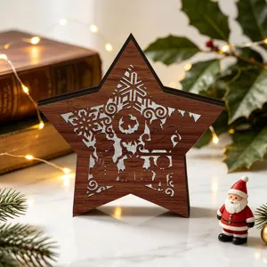 LED wooden Christmas star table decoration, glowing holiday desktop ornament with festive cutouts.