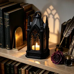 Gothic candle lantern detail, vintage church design LED night light on wooden shelf with books.