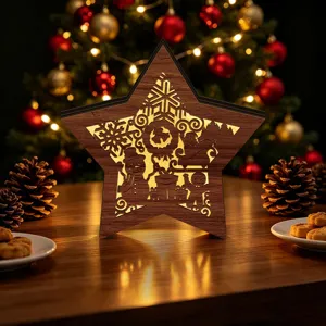 Detailed view of wooden LED Christmas star decoration with warm glow and festive holiday decor.