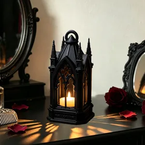 Gothic LED candle lantern with intricate black architectural design and warm light for party decor.