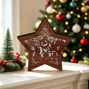 Wooden Christmas Star LED Light Decor Desktop Ornament Festive Hollowed Snowman Design