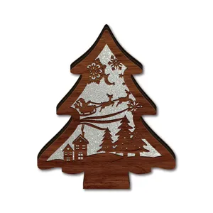 Wooden Christmas tree LED decorative ornament with hollow carved Santa and reindeer design.