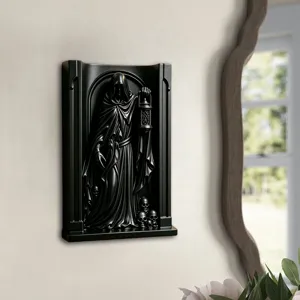 Schwarze 3D Wandskulptur im gotischen Stil, Sensenmann mit Laterne und Totenkopf Deko.