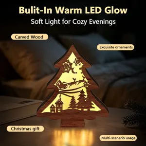 Wooden Christmas tree light with carved design and warm LED glow for holiday decor.
