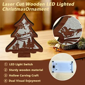 Detail view of laser cut wooden LED lighted Christmas tree ornament with battery box.