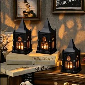 Gothic tower candle lantern LED night light, black hollow decoration for party tabletop.